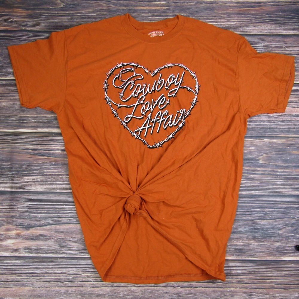 American Highway Adult XL Orange Cowboy Trendy Tee T Shirt Country Stage Coach